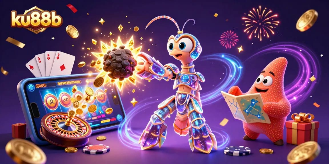 Engage with thrilling gambling action in ku88b, featuring a galactic mantis shrimp amidst gold coins and slot game excitement.