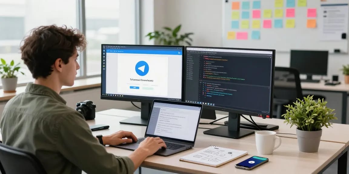 Dynamic workspace showcasing Telegram Download in action with a developer's setup and engaging tech elements.