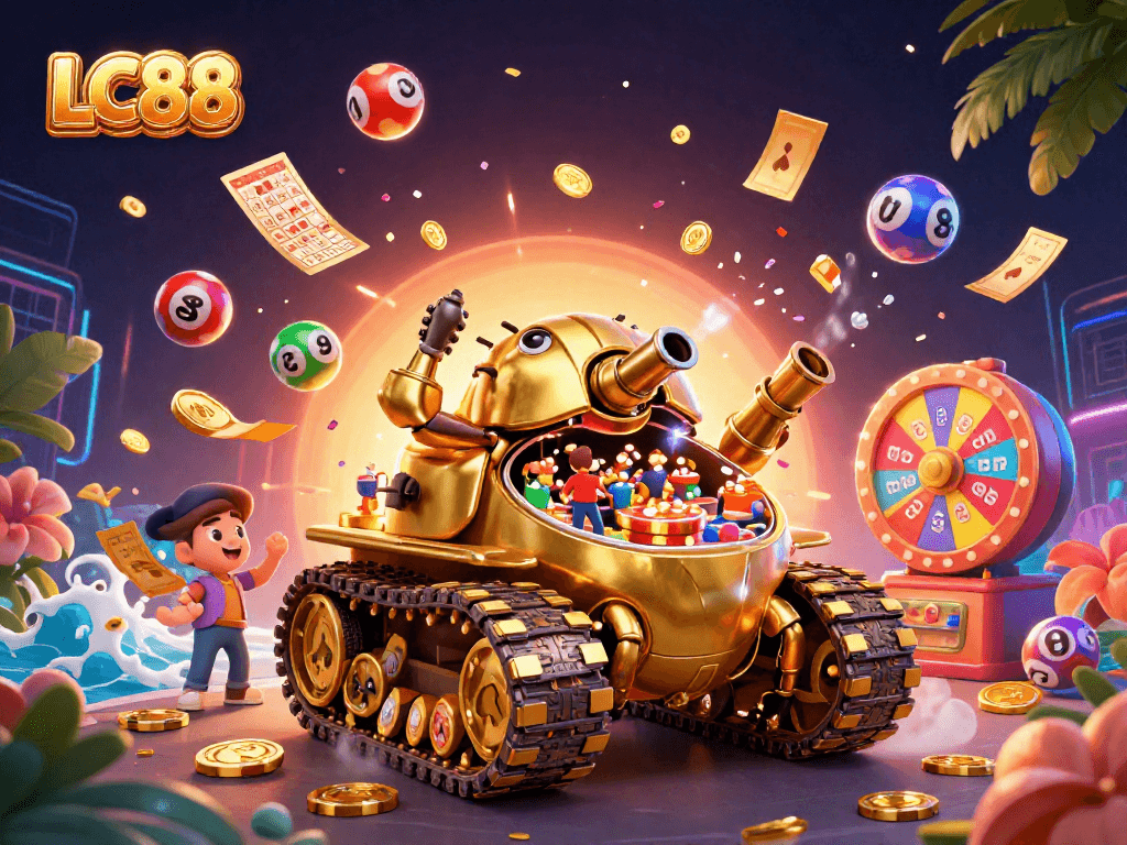 Engage in thrilling gameplay at LC88 with colorful lottery balls and a miniature casino inside a golden beetle tank.
