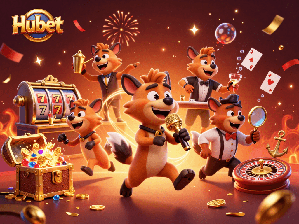Experience the fun at Hubet casino with a pack of hyenas enjoying comedy and games.