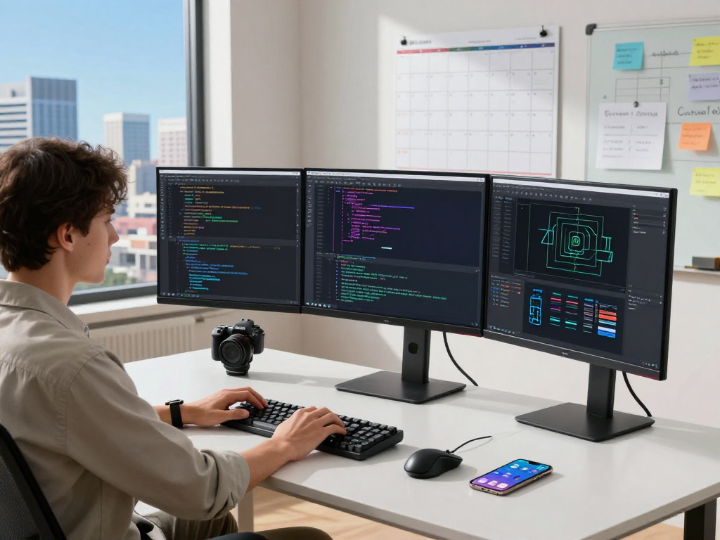 在WPS Office下载官网的现代软件开发工作空间，程序员专注于显示代码和设计的三台曲面显示器。