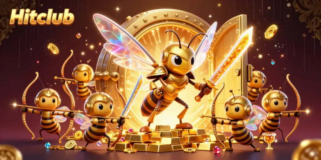 Hitclub showcases a vibrant 3D scene with a golden hornet in samurai armor and dynamic gambling elements.