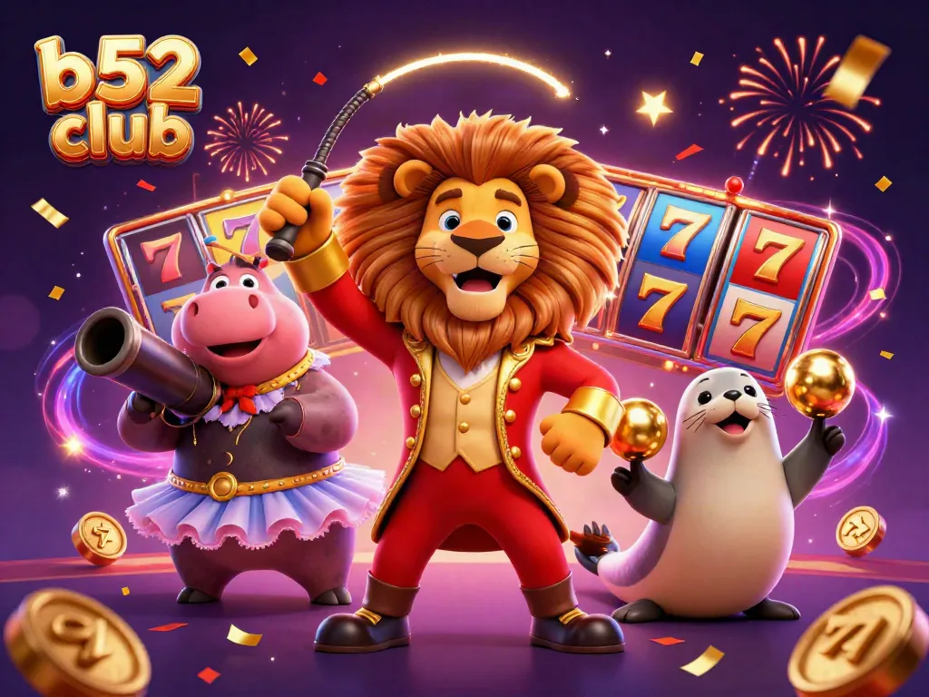 Engage with the vibrant b52 club scene featuring a playful lion, hippo, and seal amidst colorful casino elements.