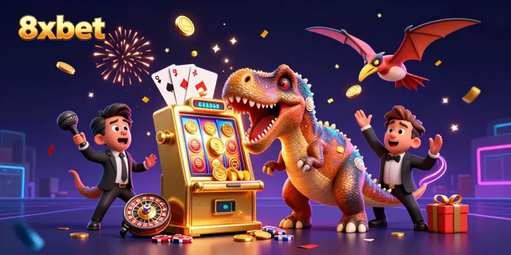 Experience thrill and jackpots at 8xbet with vibrant virtual casino action and cartoon characters.