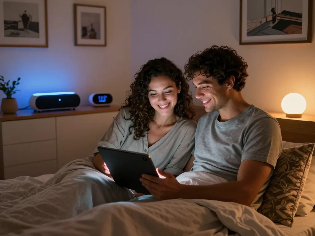 Couple engaging with AI sex technology in a cozy bedroom.