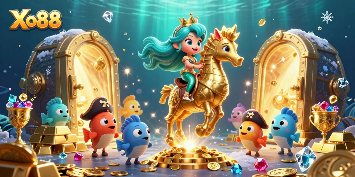 Xo88 showcases colorful underwater casino adventure with a mermaid and seahorse amidst treasures.