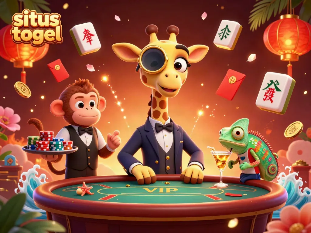 Experience the excitement of situs togel with a vibrant illustration featuring a high-roller giraffe and dynamic casino elements.