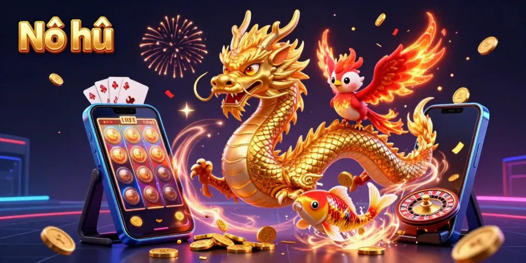 Nổ hũ showcase of a fierce dragon and phoenix in a vibrant casino scene full of excitement.