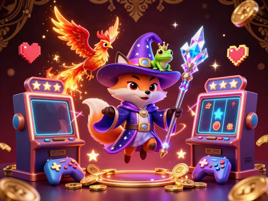 Experience the magic of tokeslot with a vibrant 3D casino scene featuring a wizard fox and phoenix.