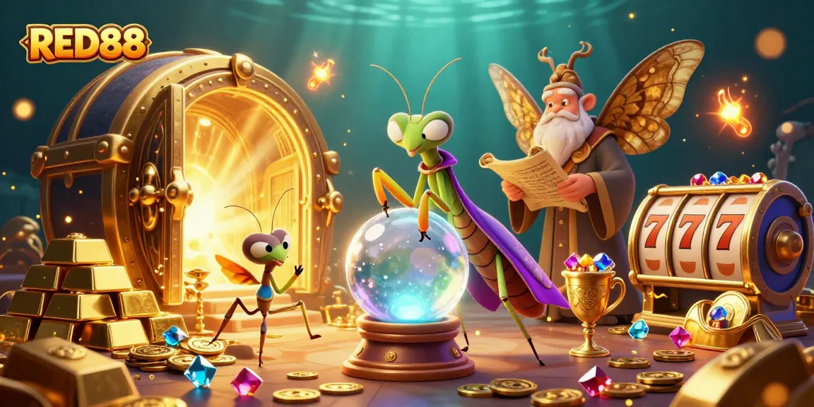 Experience the thrills of RED88 with a mystical fortune teller and treasures in a vibrant casino scene.