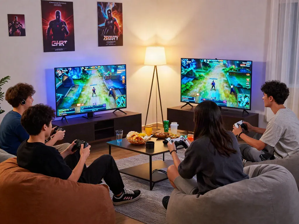Players enjoying a QQMacan gaming session in a vibrant living room.
