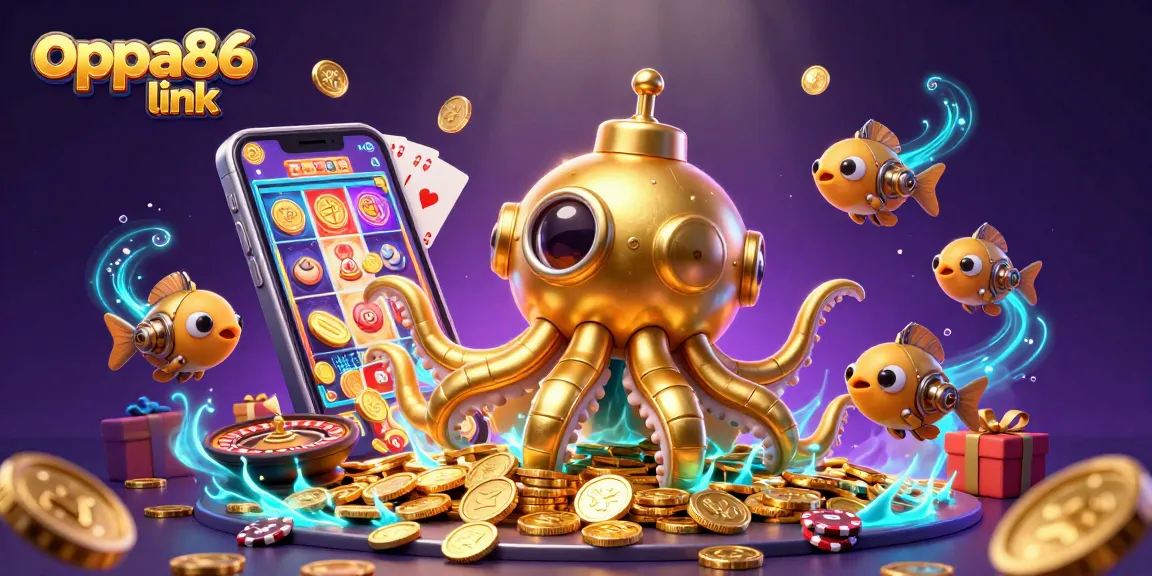 The oppa86 link highlights a vibrant 3D casino scene with a kraken submarine amidst coins and gaming elements.