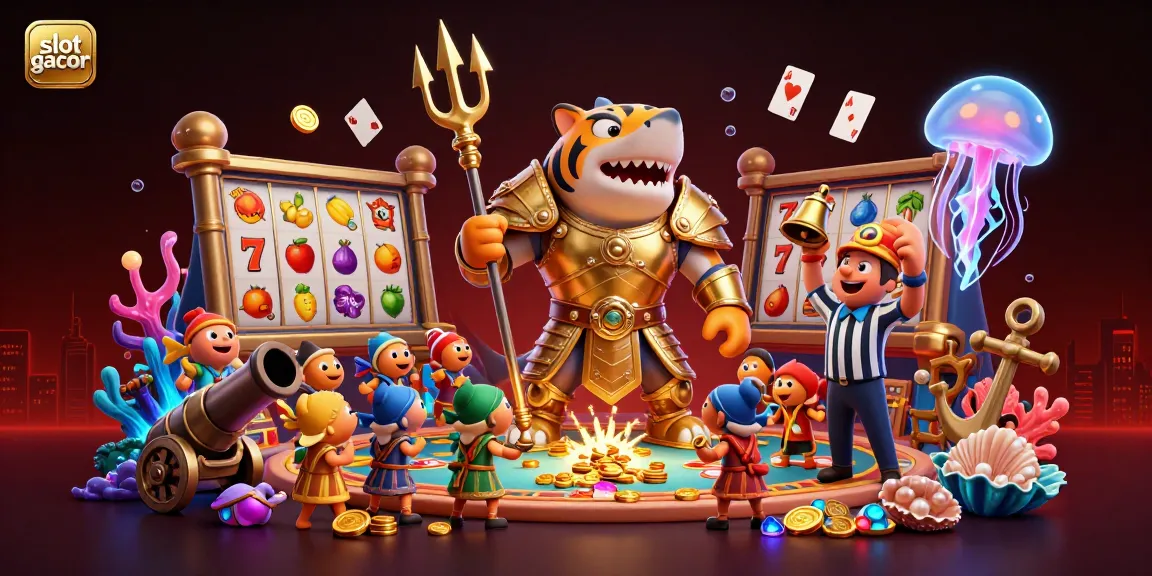 Engage with thrilling slot gacor action featuring a cartoon tiger shark and golden treasures.