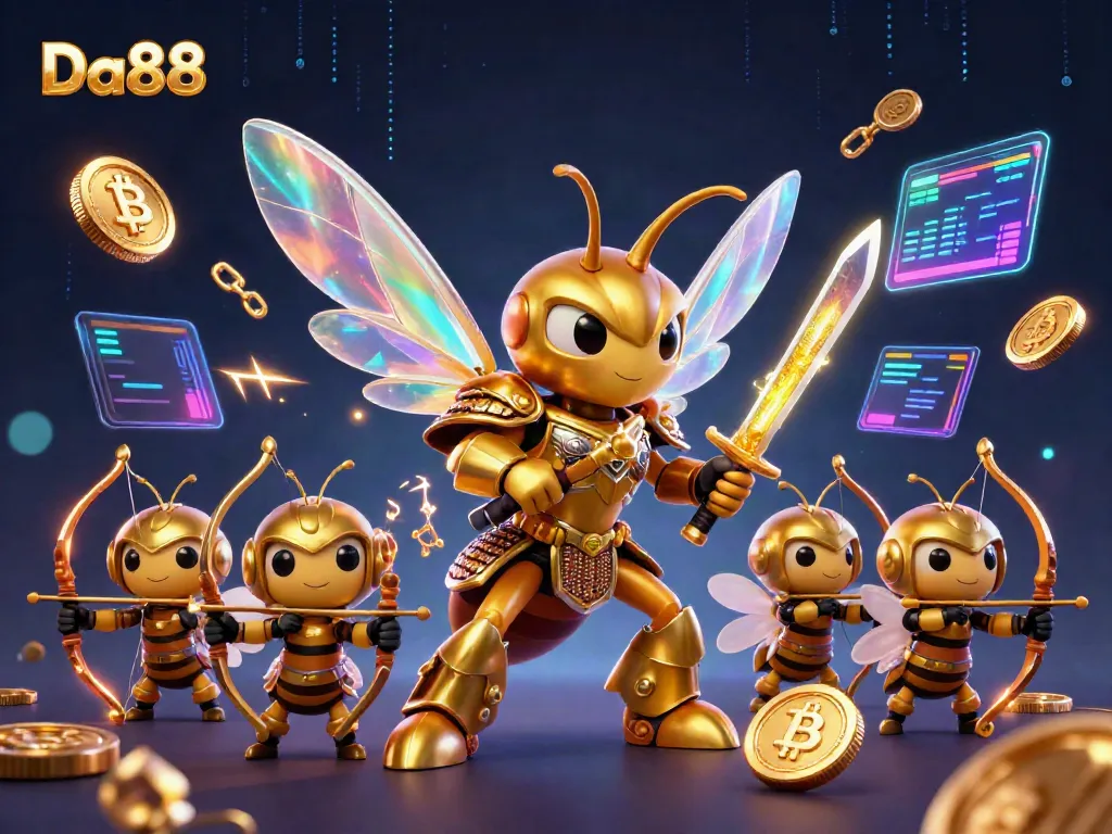Engage with Da88's vibrant casino world featuring a golden hornet in samurai armor and dazzling digital elements.