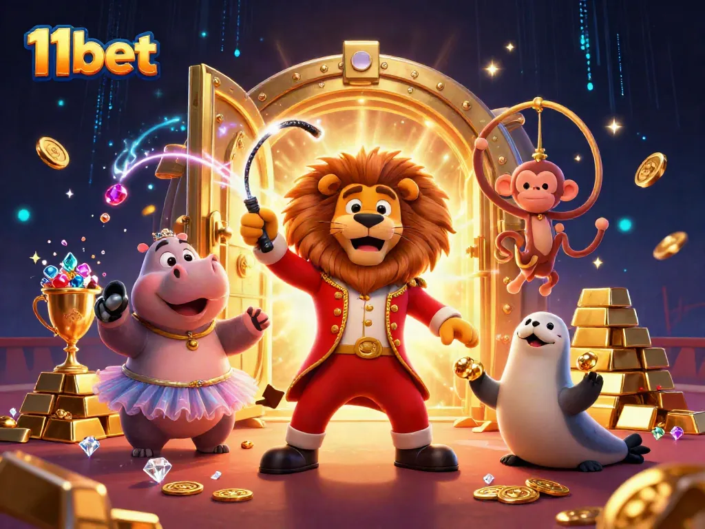 Play exciting games at 11bet with a vibrant casino scene featuring lively cartoon characters.