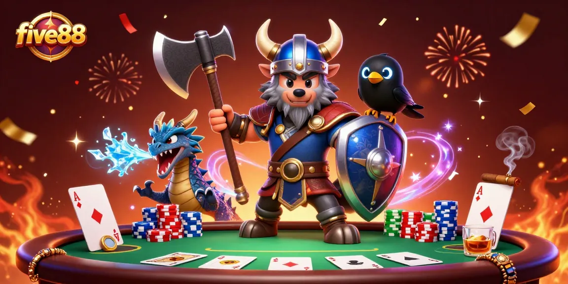 Experience thrilling poker action with five88's vibrant Viking warrior, dragon, and raven.