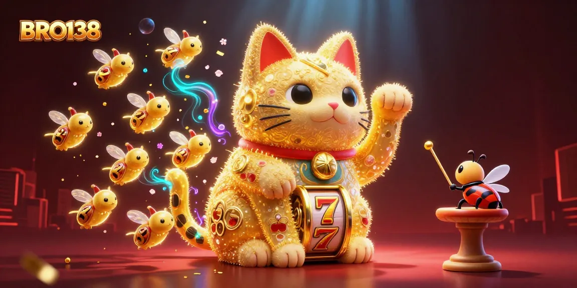 Spin and win at BRO138 with a vibrant display of golden fireflies and lucky symbols in a captivating casino scene.