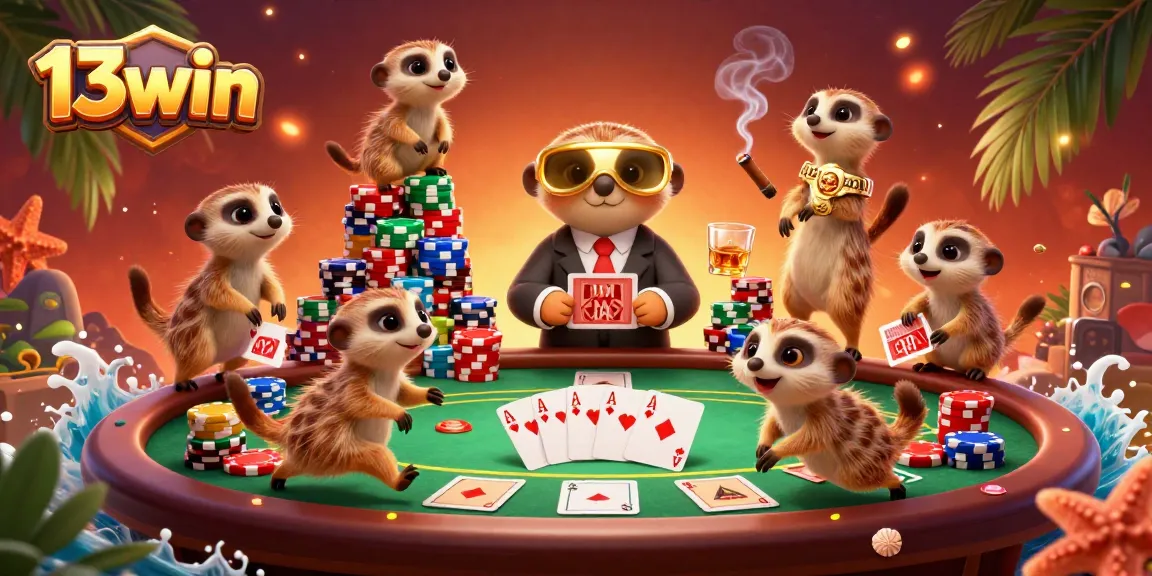 Experience 13win casino excitement with meerkats managing poker, colorful chips, and rich details.