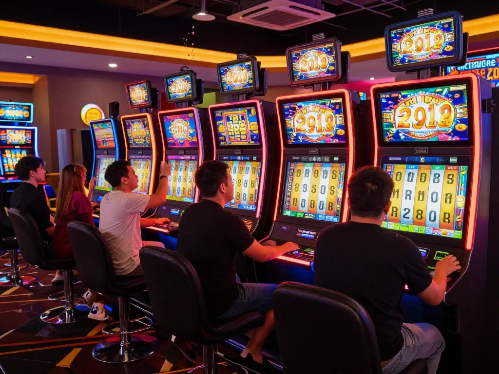 Players enjoying the excitement of slot bet 200 machines lighting up the casino floor.