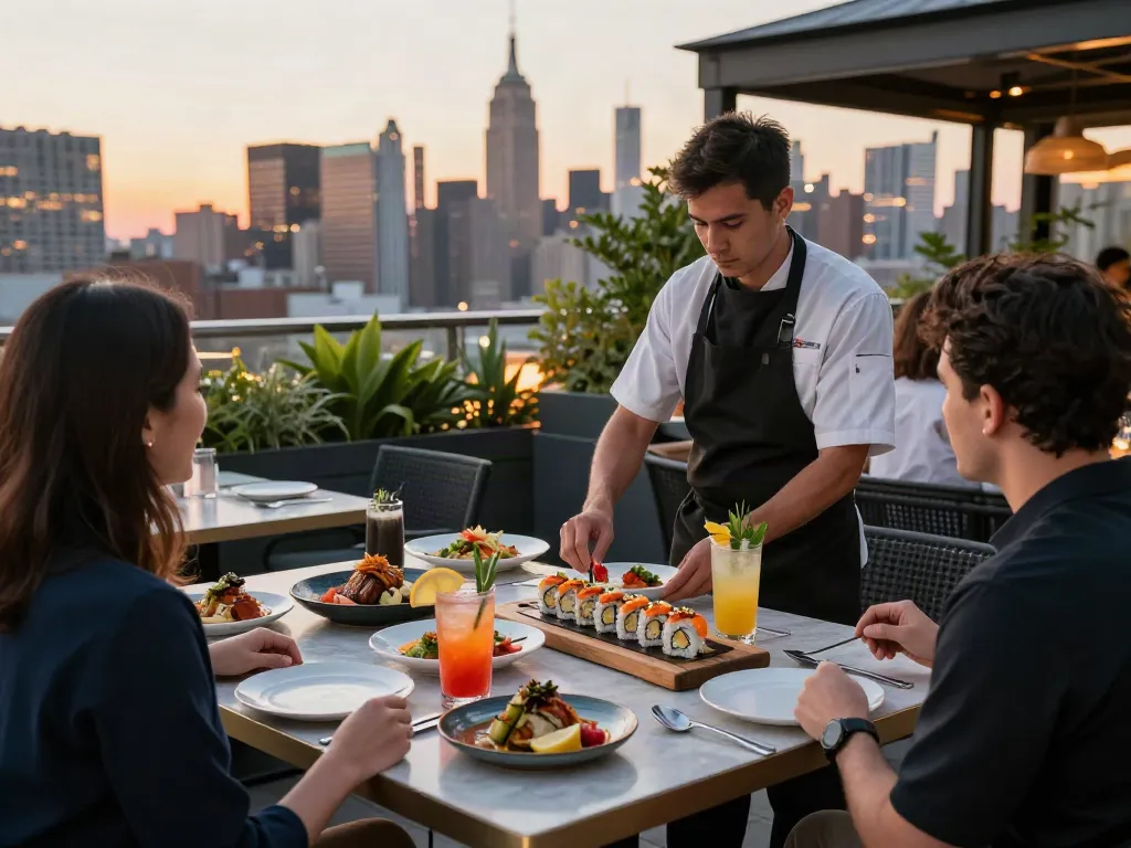 Dining guests at NoHu Rooftop enjoying Asian-inspired dishes and city skyline views.