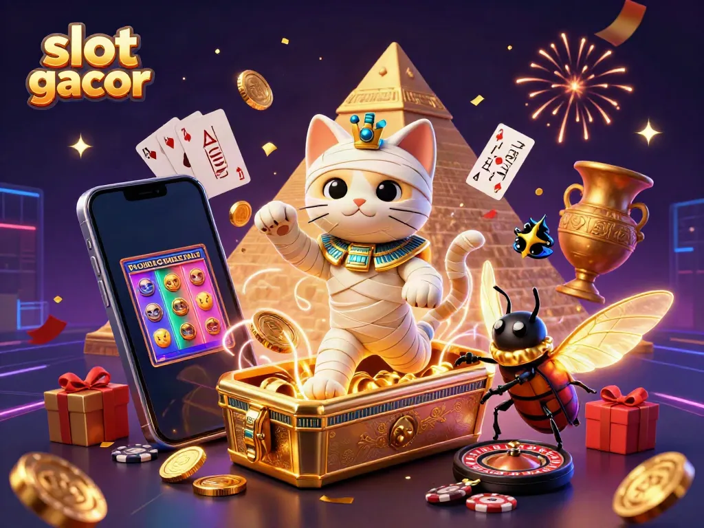 Engaging 3D illustration of a "slot gacor" theme featuring a mummy cat and a glowing scarab in a vibrant casino.