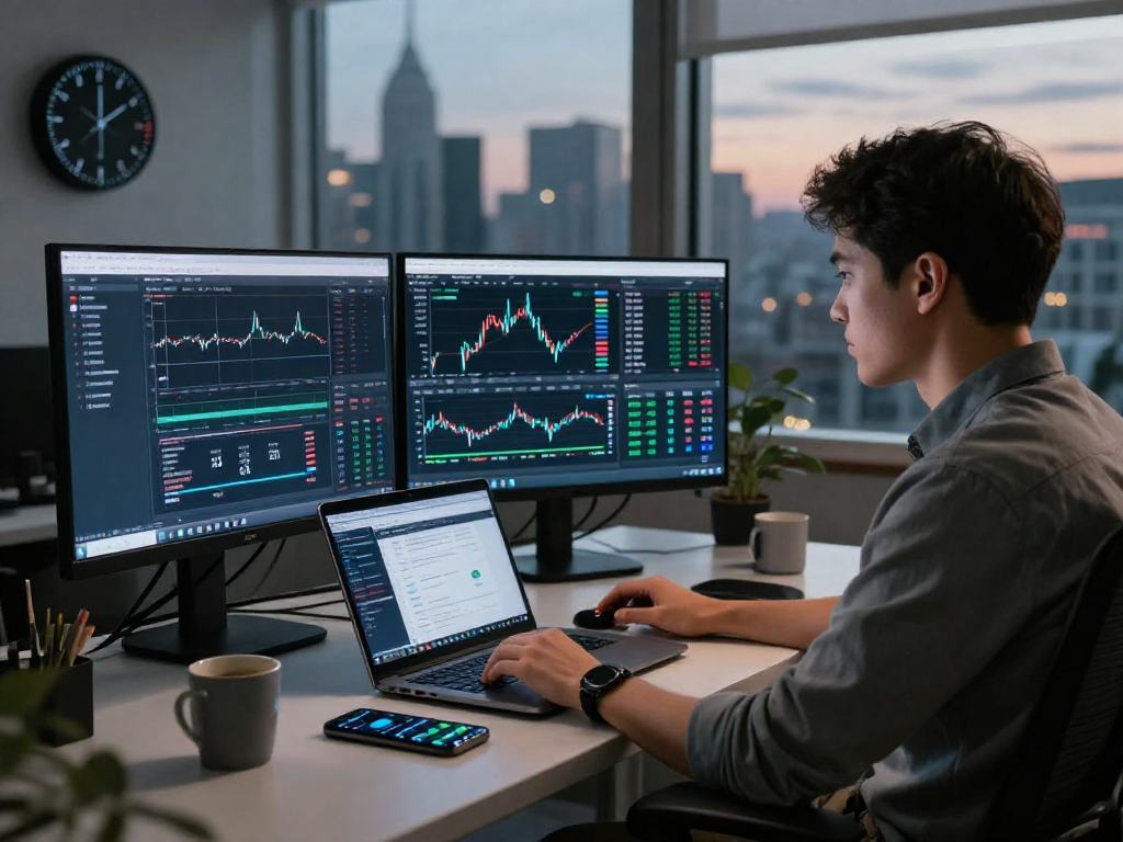 Configuración de trading inmediato en un entorno de oficina profesional.