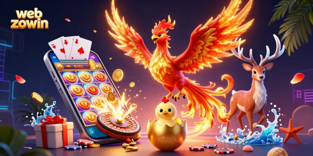 Engage with web zowin through a vibrant phoenix-themed casino illustration featuring dynamic gaming elements.