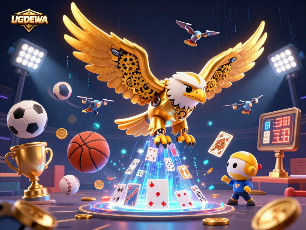 Bet on sports with UGDEWA in this vibrant casino scene, showcasing thrilling 3D action.