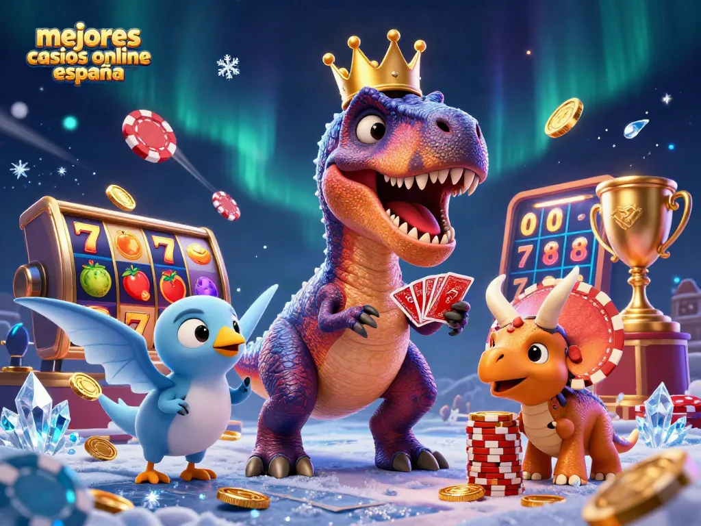Imagen de personajes divertidos jugando en los mejores casinos online en España con tragamonedas y fichas doradas.