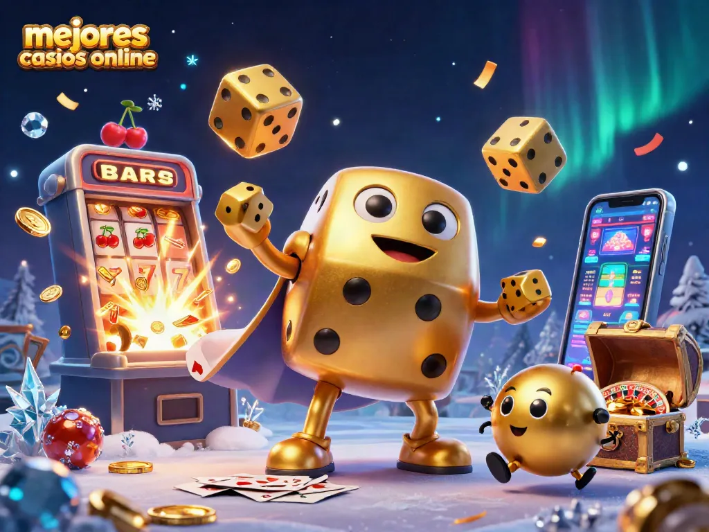 Explora los mejores casinos online con una escena de un golem de dados dorados y emocionantes juegos de azar.