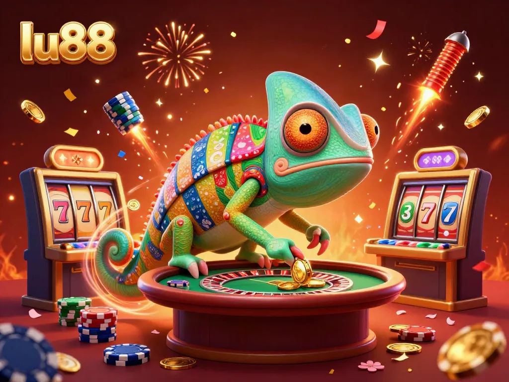 Engage with LU88’s diverse gaming opportunities with a vibrant chameleon casino owner capturing action.