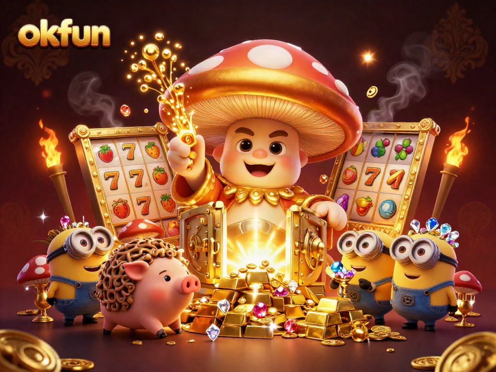 Experience exciting okfun gaming with a golden wizard, pig, and gemstone-carrying minions in a lavish casino setting.