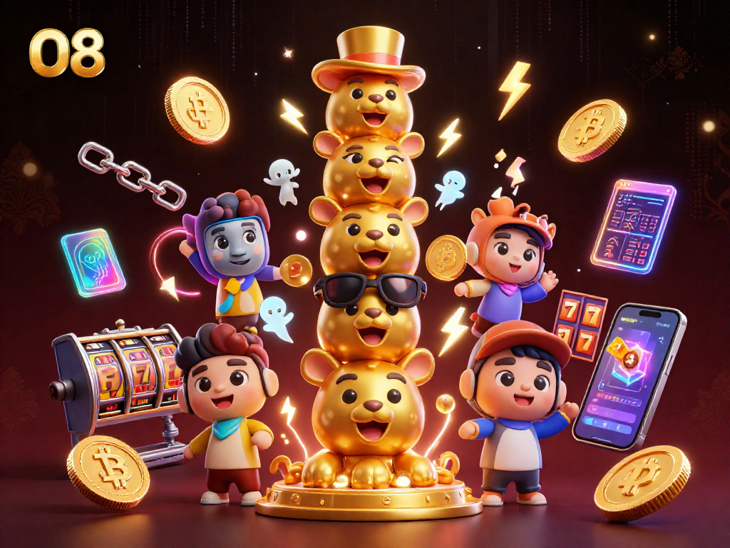 Spin the reels and win big with O8's vibrant cartoon casino scene featuring cryptocurrencies and dynamic game elements.