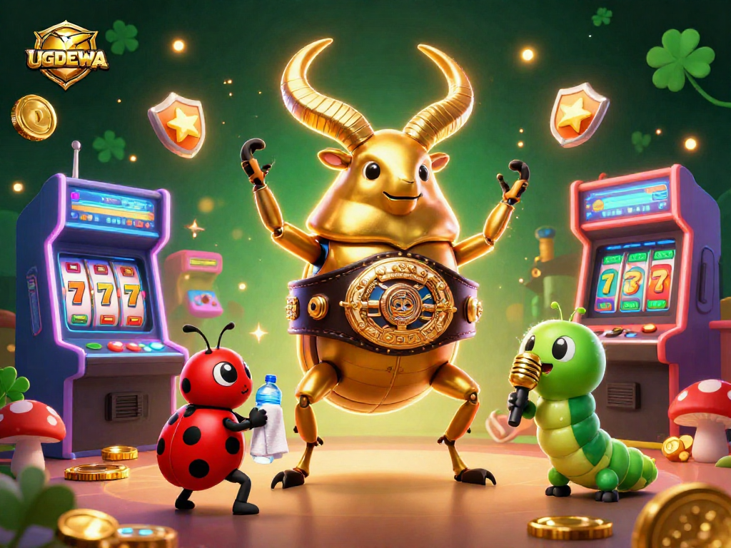 UGDEWA showcases an energetic scene with a golden stag beetle champion and vibrant casino elements.