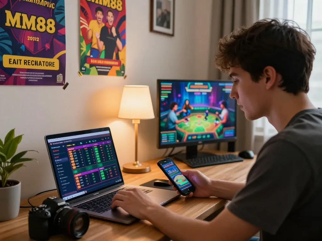 Exciting online gambling experience with MM88 displayed on a laptop and smartphone, engaging atmosphere.