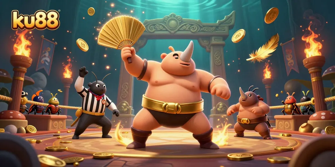 ku88 beats the odds in dynamic 3D casino showdown with flying coins and vibrant characters.