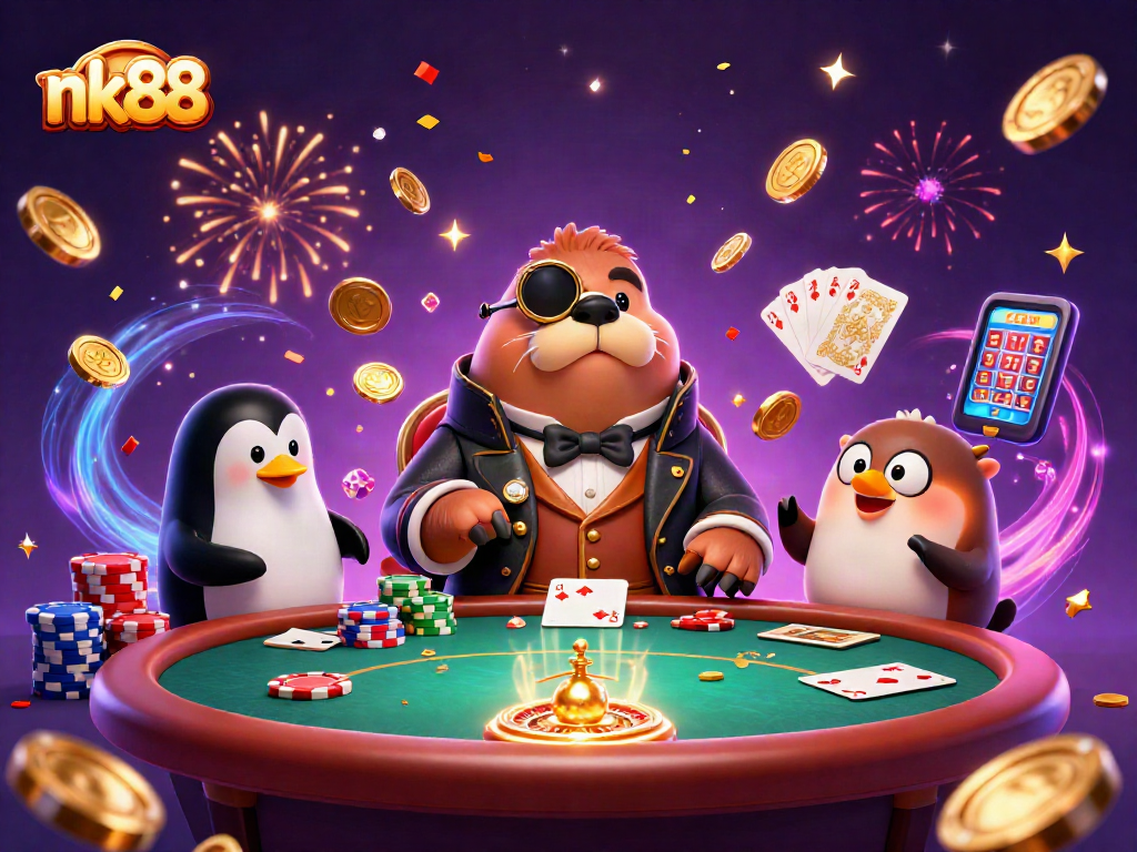 Experience thrilling poker action with nk88's vibrant underwater casino scene featuring a jolly walrus and friends.
