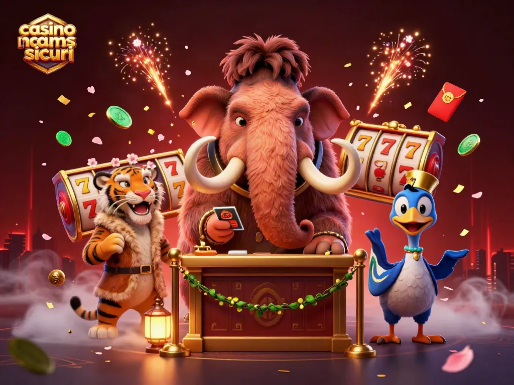 Visualizza il mondo dei casino non aams sicuri con un bracciante mammuth e un ospite VIP che interagiscono in un ambiente festivo.