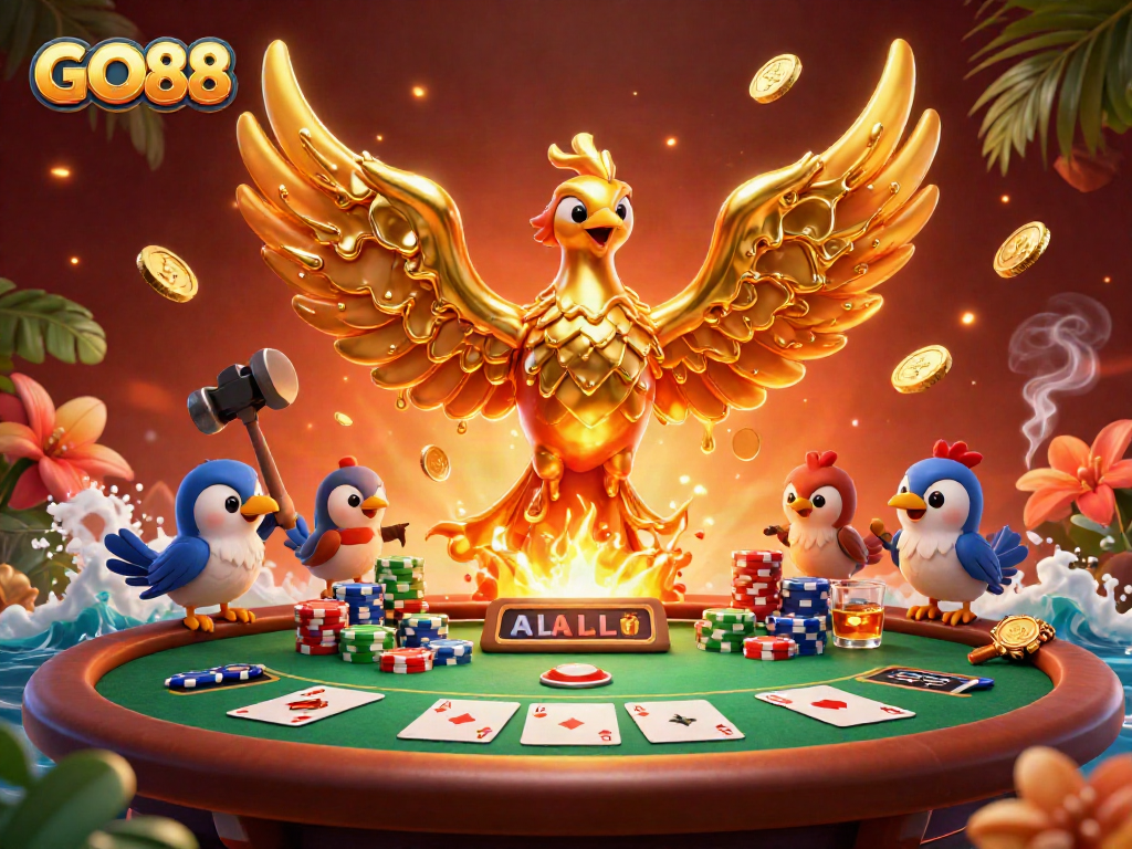 Engage with GO88's vibrant casino scene filled with golden phoenix and colorful poker elements.