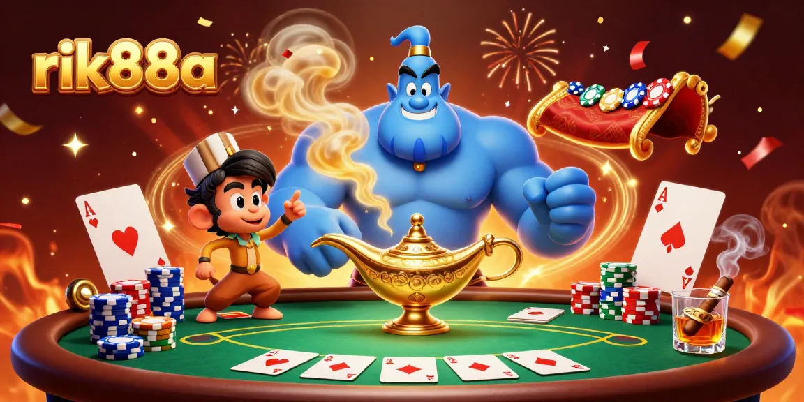 Play exciting games at rik88a while enjoying a vibrant 3D casino atmosphere filled with poker chips.