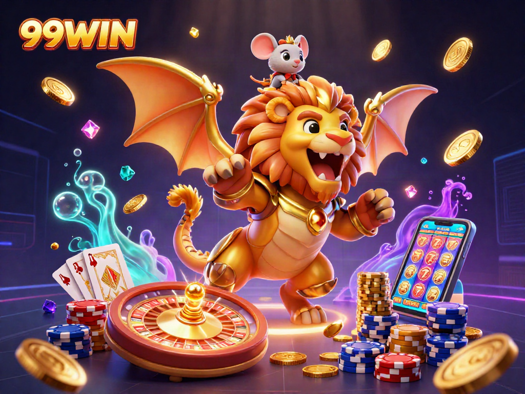 Experience the thrill of 99WIN with a roaring chimera and casino elements in a vibrant 3D scene.