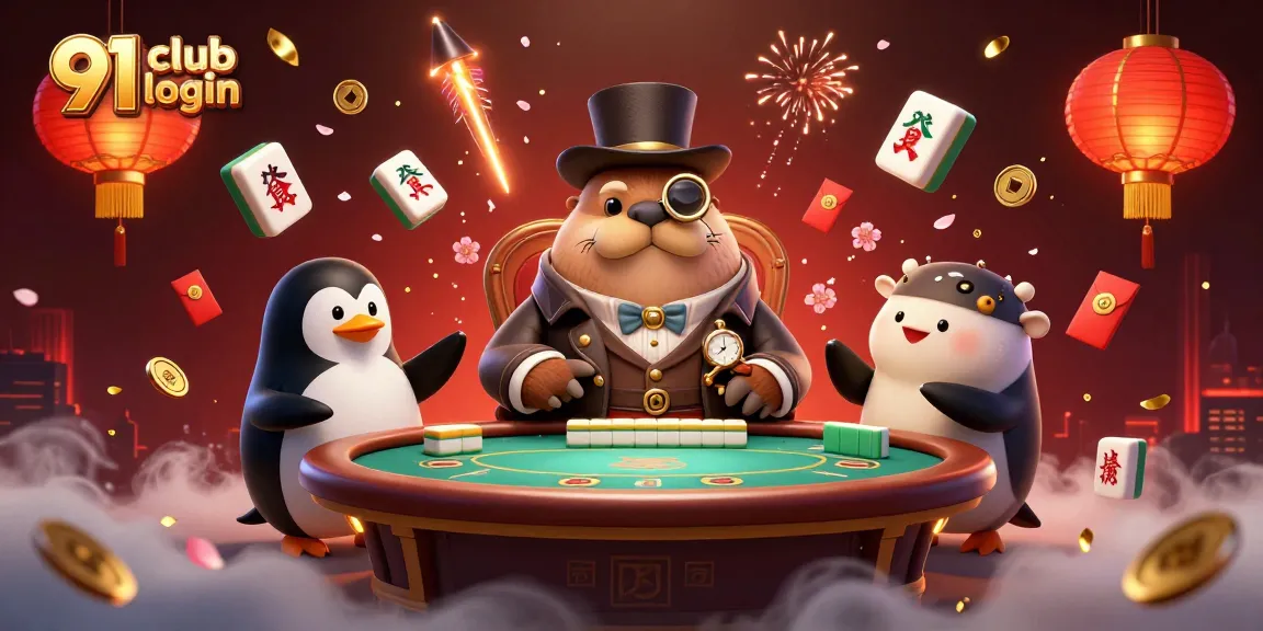 Engage with the entertaining 91 club login scene featuring a jolly walrus, penguin dealer, and a bluffing pufferfish.