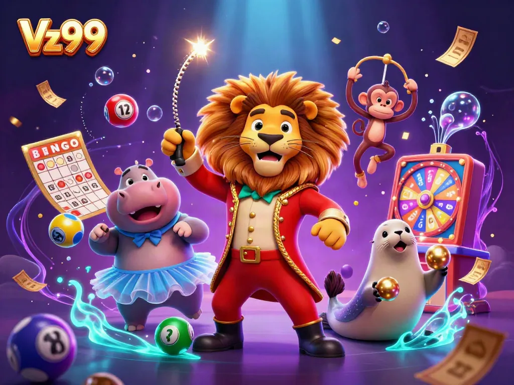 Encounter thrilling games with Vz99's vibrant casino scene showcasing whimsical characters and exciting elements.
