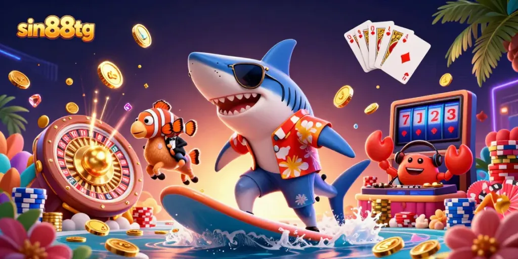 Experience thrilling gameplay at sin88tg with a dynamic underwater casino scene featuring colorful characters and casino elements.