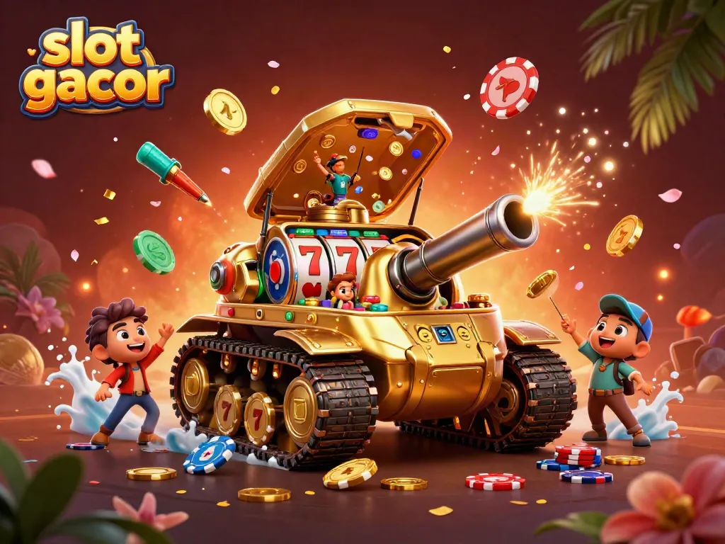 Experience the excitement of slot gacor with a vibrant 3D animated casino scene full of colors and action.