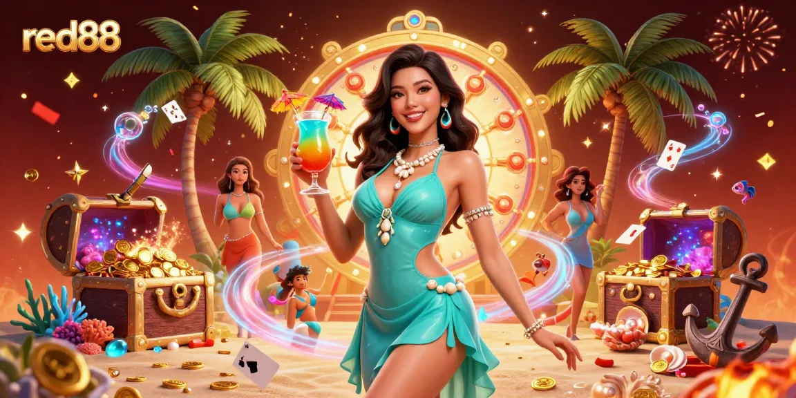Experience the thrill of red88 with a glamorous woman enjoying a tropical casino setting filled with treasures.