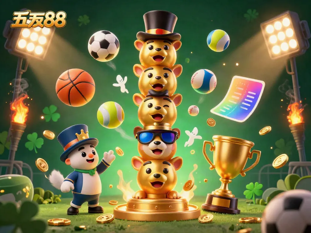Bet on five88 with a vibrant 3D casino illustration filled with dynamic sports elements and golden totems.