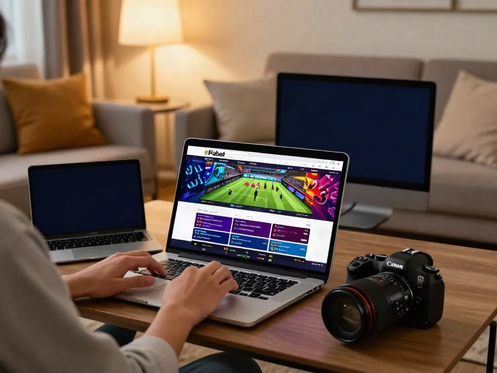Engaging Fabet online gambling interface displayed on a laptop in a cozy living room setting.