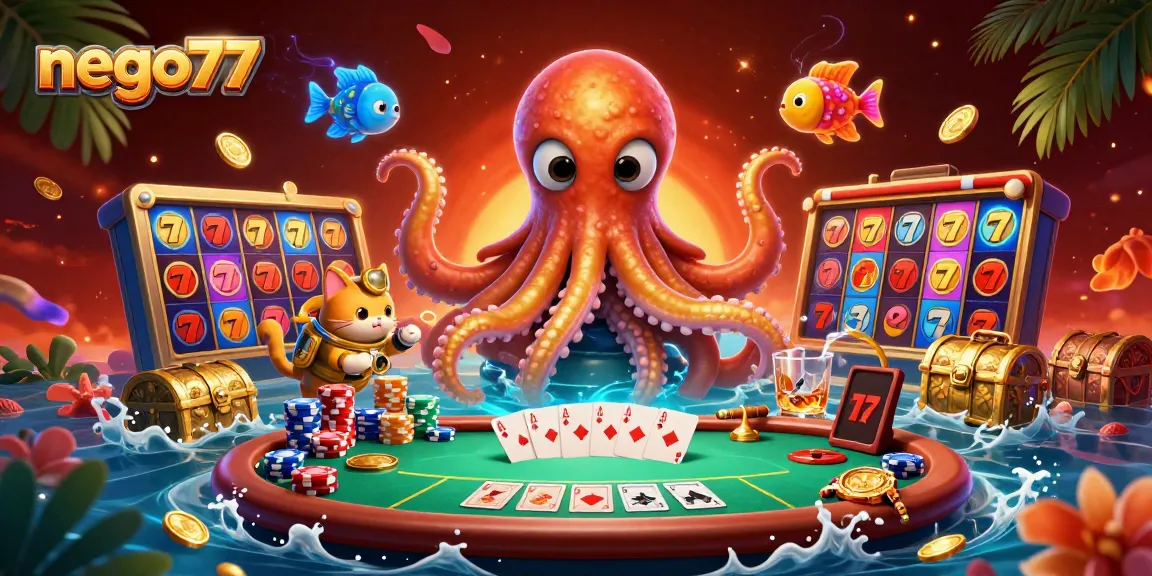 Engage in thrilling games at nego77 with vibrant slot reels and treasure elements in a dynamic casino scene.