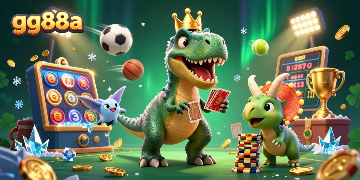 Experience the excitement with gg88a as cartoon dinosaurs shuffle cards and stack chips in a vibrant casino setting.
